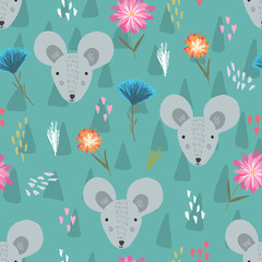 Cute blue green seamless pattern with cartoon gray mice heads, pink hearts and childish flowers. Funny hand drawn rats texture for kids design, wallpaper, textile, wrapping paper