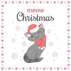 Merry Christmas and Happy New Year card with cute grey cat in red Santa's hat and knitted scarf. Cute vector illustration background for Merry Christmas greeting card 2020  