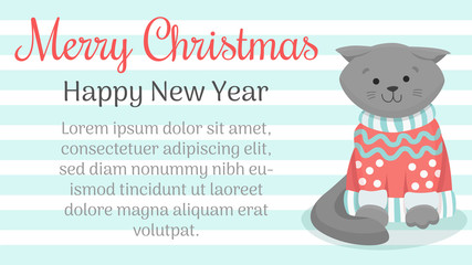Very cute Christmas scottish fold cat in knitted sweater. Character cartoon style. Hand drawn vector illustration.  Vector illustration background for Merry Christmas and Happy New Year 2020 card