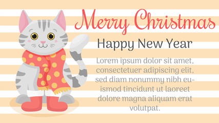 Cute festive cat with the inscription Merry Christmas and Happy New Year. Vector illustration background for greeting card, postcards, posters and invitations