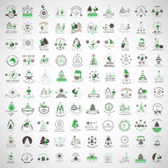 Christmas Icons And Elements Set - Isolated On Gray Background - Vector Illustration, Collection Of Xmas Icons For Sign, Symbol, Christmas Tree, Santa Claus Icon And Logo. Merry Christmas Typography