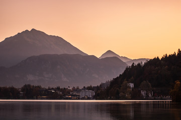 sunrise on lake with mountains of Slovenia