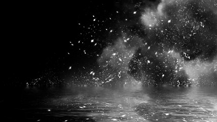 Fire embers particles with smoke texture overlays . Burn effect on water reflection. Design element