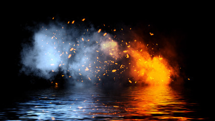 Blaze fire particles embers . Texture overlays on isolated background with water reflection. Design element.