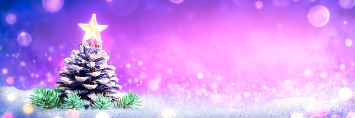 Banner Of Frosty Pine Cone On Snow With Bright Shining Star And Soft Bokeh Background - Christmas...