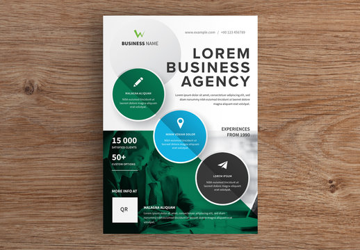 Business Flyer Layout with Circle Elements and Green Accents