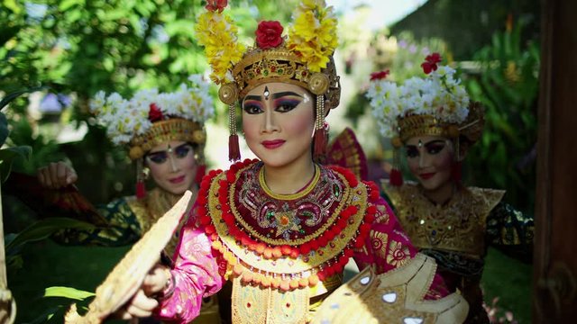 Portrait of three Legong Balinese dance performers Indonesia