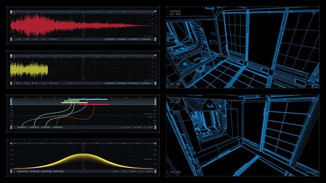 Visual display / playback screen: 3D schematic scans of sections of the ISS, readouts and indicators. Elements of this image furnished by NASA