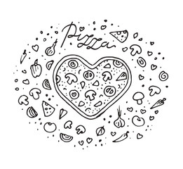Pizza heart doodle hand drawn illustration.