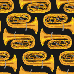 Seamless texture with pixel illustration with a tuba. Musical pixelated drawing. Music theme pattern.