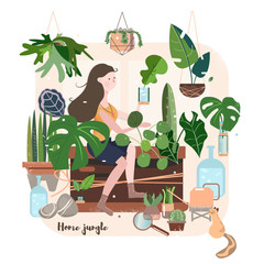 Young woman cultivating home plants Urban jungle, trendy illustration