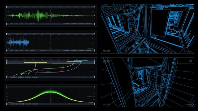 Visual display / playback screen: 3D schematic scans of sections of the ISS, readouts and indicators. Elements of this image furnished by NASA