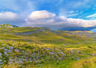 Summer mountaine landscape with cloudy sky. Mountain scenery, National park Durmitor, Zabljak, Montenegro