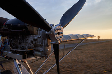 Propeller and internal combustion engine of an ultralight aircraft, close-up