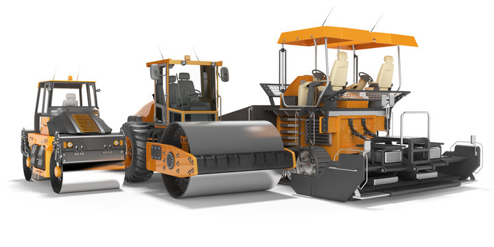 Concept paver large construction roller and small road roller 3d rendering on white background with shadow