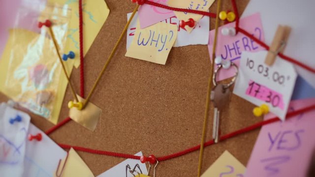 Decision concept. Close-up view of a detective board with evidence. In the center The girl hand tears off a sheet with the inscription NO and pins a piece of paper with the text YES
