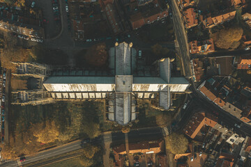 Overhead aerial top down view of Beverley Minster, the large gothic church in the centre of the small market town in East Yorkshire, UK. Shot in Autumn 2019