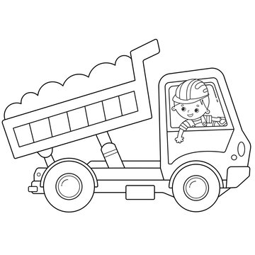 Coloring Page Outline Of cartoon lorry or dump truck. Construction vehicles. Coloring book for kids.