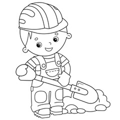 Coloring Page Outline of cartoon builder with shovel. Profession. Coloring book for kids.