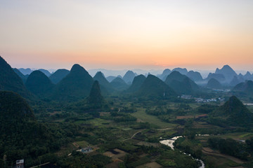 Drone Sunset View of Guilin, Li River and Karst mountains, Guilin city, Guangxi, province, China