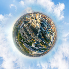 Aerial view to smoking chimmney from chemical plant. 360 degree panorama on air pollution and...