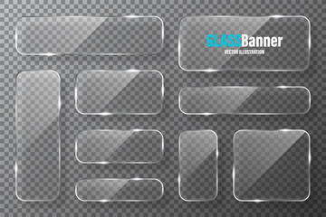 Glass frames collection. Realistic transparent glass banner with glare. Vector design element.