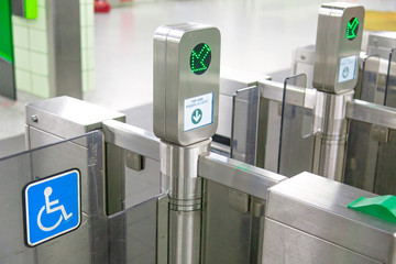 Toronto TTC Metrolinx Presto machines at a busy Bloor and Yonge station.  A contactless smart card...