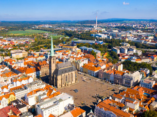Aerial view to The cathedral of St. Bartholomew. Gothic church located on the Main Square in Pilsen.  Spire height is 102.3 m. Beautiful Czech landmark.