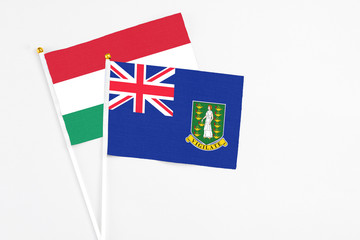 British Virgin Islands and Hungary stick flags on white background. High quality fabric, miniature national flag. Peaceful global concept.White floor for copy space.