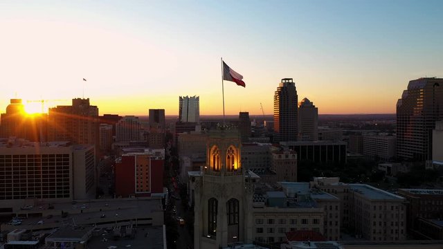 4K Texas State Flag Drone Aerial Sunset San Antonio Skyline Texas Star