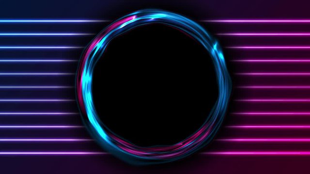 Blue purple glowing liquid rings and neon lines abstract motion background. Seamless looping. Video animation Ultra HD 4K 3840x2160