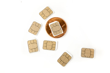 cell phone or tablet SIM cards  also known as subscriber identity module  isolated on white