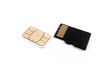 cell phone or tablet SIM cards  also known as subscriber identity module  isolated on white