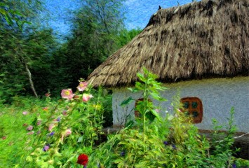 Fototapeta na wymiar Oil paintings rural landscape, old house in garden. Fine art.