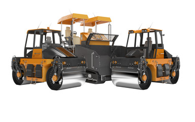 Construction road machinery two road roller and paver 3d rendering on white background no shadow