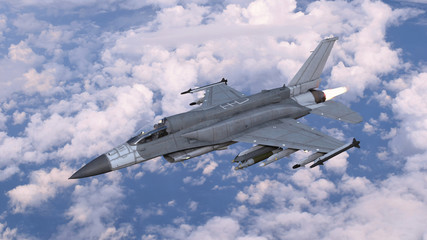 Fototapeta na wymiar Fighter jet plane in flight, military aircraft, army airplane flying in cloudy sky, 3D rendering