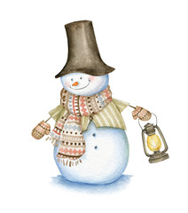 Snowman with hat, scarf, street oil lamp and mittens isolated on white background. Watercolor Illustration - 302795745