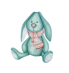 Watercolor bunny. Bunny toy. Watercolor Illustration isolated on white background - 302795770