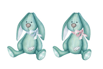 Watercolor bunnies. Bunny toys. Watercolor Illustrations isolated on white background - 302795776