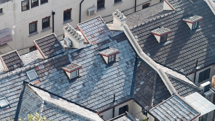 Aerial view on the old city houses made of bricks and ceramic roofs, Shanghai old town, traditional...