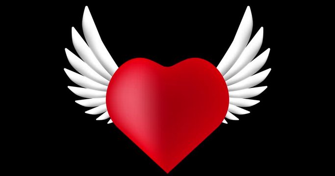 Red heart flapping cartoon white wings on transparent background.