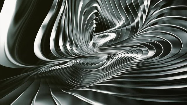 Abstract Black Metal Background. Bending And Rotating Stripes Create Unreal And Amazing Shapes And Surfaces. Seamless Looped. 4K. Ultra High Definition. 3840x2160. 3D Animation.