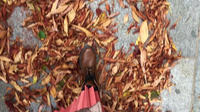 Look down on woman boots. Pink skirt yellow, orange and brown fallen leaves in the asphalt. First person view. Walk in autumn forest concept.