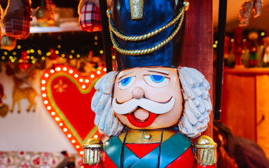 Nutcracker on Christmas Market at Alexanderplatz in Winter Berlin, Germany. Advent Fair Decoration...