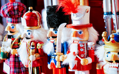 Nutcrackers on Christmas Market at Alexanderplatz in Winter Berlin, Germany. Advent Fair Decoration...