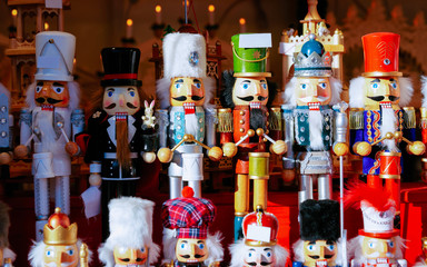 Nutcrackers at Christmas Market at Alexanderplatz in Winter Berlin, Germany. Advent Fair Decoration...