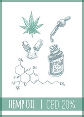 Hemp oil and marijuana leaf with chemical formula of THC or tetrahydrocannabinol substance. Medical and science vector illlustration