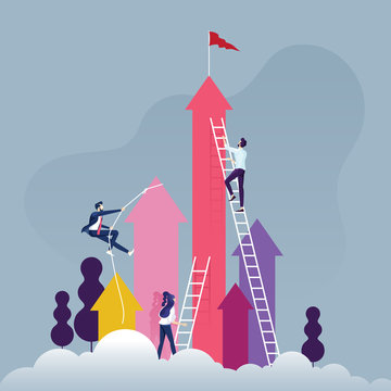 Business competition concept-Group of competitive business people climbing the ladder on a cloud