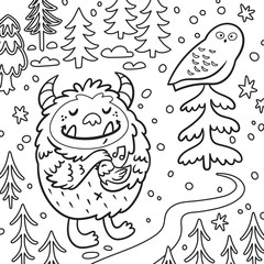 Cartoon fluffy bigfoot or yeti loves the birds. Contour illustration