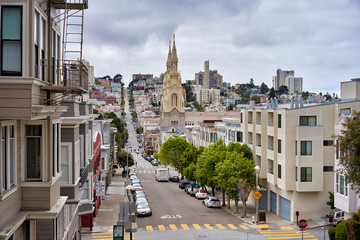 San Francisco, CA, USA - May 14, 2018: beautiful urban landscape, straight long road, local architecture. View from above